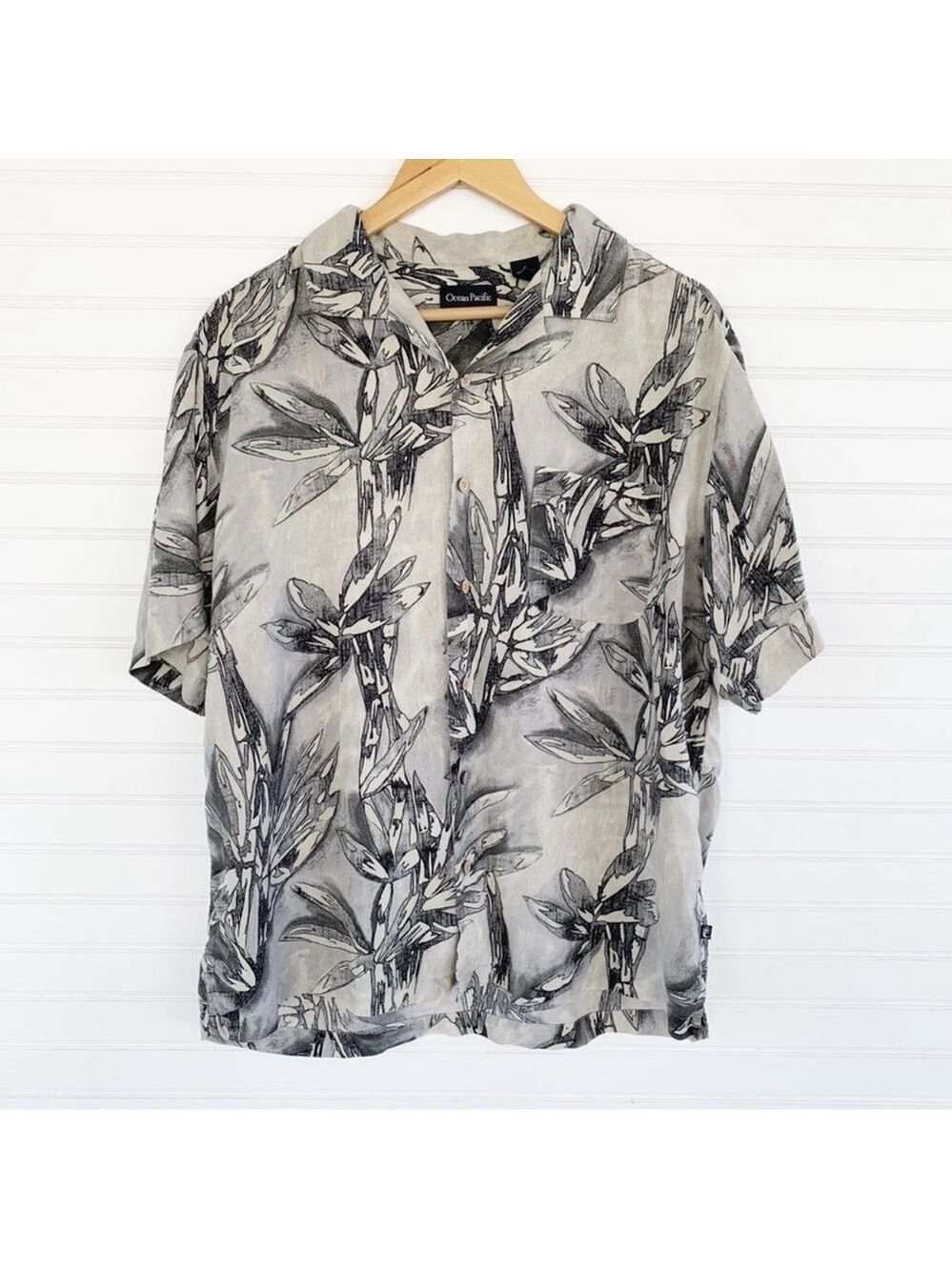 Ocean Pacific Silk Shirt Mens Large Grey Bird of Paradise Floral Hawaiian Button
